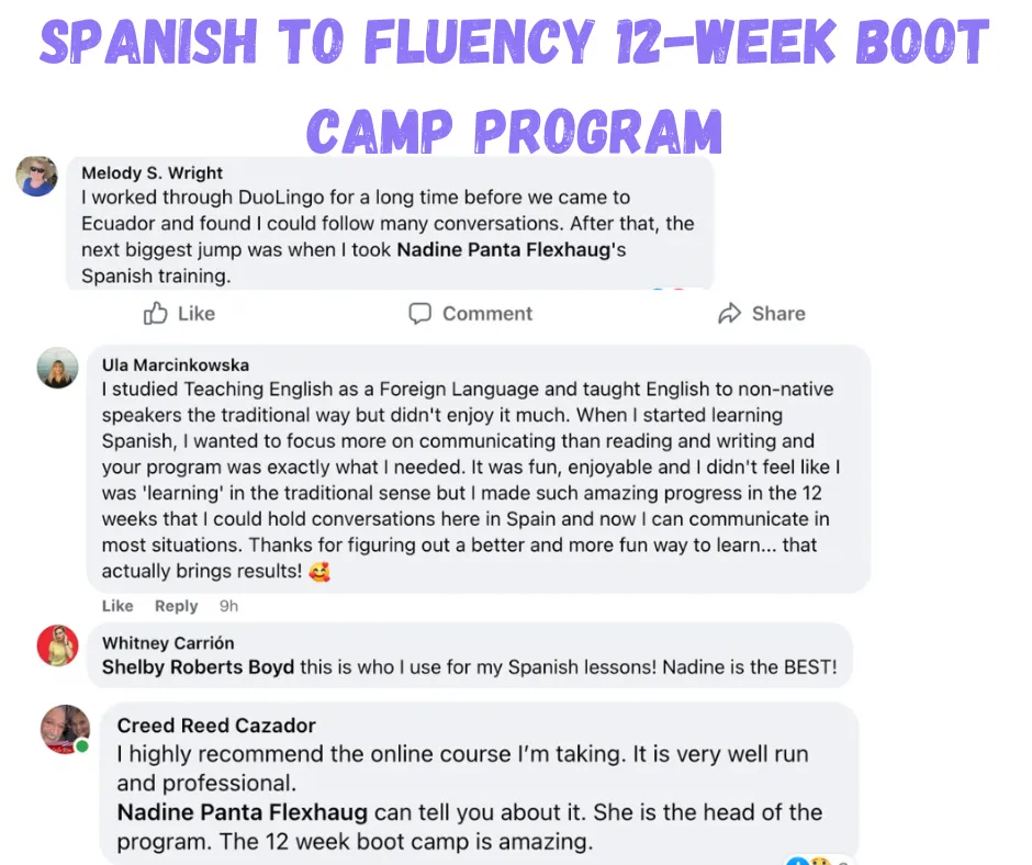 Facebook testimonials for the Spanish to Fluency 12-week bootcamp